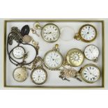 A MIXED LOT OF NINE POCKET WATCHES, two watch chains and a silver fob