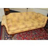A LATE VICTORIAN MAHOGANY DOUBLE SCROLLED ARM THREE SEATER SETTEE, width 207cm