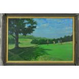 CRAIG CAMPBELL (BRITISH CONTEMPORARY), 'Wentworth 2nd Hole 1950's' Golfers on the green at the