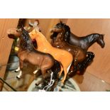 FOUR BESWICK HORSES, pony (head up) No1197, brown palomino (prancing Arab type) No1261, brown,