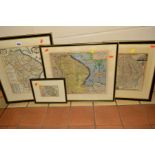 FOUR ASSORTED ENGRAVED FRAMED MAPS, to include a William Kip coloured map of Lincolnshire,