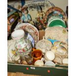 TWO BOXES OF TEAWARES, COLLECTORS PLATES, CAPODIMONTE, etc, to include Royal Doulton 'King's and