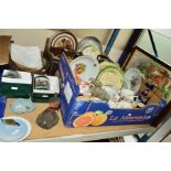 TWO BOXES AND LOOSE CERAMICS, GLASS ETC, to include Paragon 'Elise', Denby Studio, Langley plates,