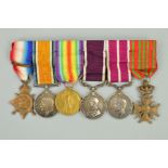 A GROUP OF SIX MEDALS, on a wearing bar, to include a 1914 Star and bar trio, correctly named to Sjt