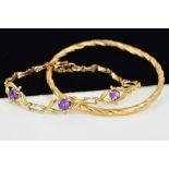 A BANGLE AND A 9CT GOLD AMETHYST BRACELET, the hollow bangle of a twisted design, stamped 375, inner