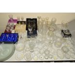 A LARGE COLLECTION OF CUT/ETCHED/PRESSED GLASSWARES, to include boxed Caithness Engraving goblet, '