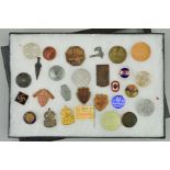 A SMALL DISPLAY CASE CONTAINING A NUMBER OF GERMAN 3RD REICH TINNIES/DAY BADGES/RALLY PINS, etc,