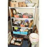 ELEVEN BOXES AND LOOSE SUNDRY ITEMS, CERAMICS, GLASS, DVD'S, PICTURES, BAROMETER, MIRRORS, etc, (all