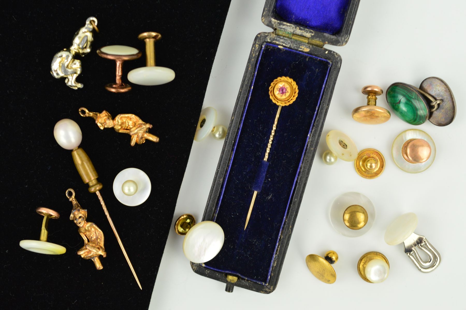 A SELECTION OF MAINLY BUTTONS AND CUFFLINKS AND TWO STICKPINS, to include mother of pearl buttons,