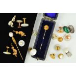 A SELECTION OF MAINLY BUTTONS AND CUFFLINKS AND TWO STICKPINS, to include mother of pearl buttons,