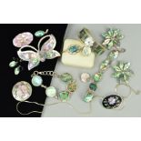 A SELECTION OF ABALONE SHELL SILVER AND WHITE METAL JEWELLERY, to include a butterfly hair slide,