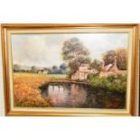 A CONTINENTAL OIL ON CANVAS, depicting a mill pond and cottage, indistinctly signed bottom right,