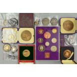 A BOX CONTAINING A SMALL AMOUNT OF COINS AND MEDALS, to include Victoria crowns, Leopold II crown