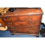 A GEORGIAN MAHOGANY CHEST OF TWO SHORT AND THREE LONG DRAWERS, with brass swan neck handles on