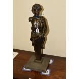 A LATE 19TH/EARLY 20TH CENTURY BRONZED CAST METAL BUST OF A CLASSICAL MALE, on an integral
