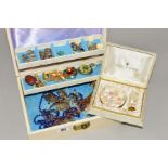 A JEWELLERY BOX OF COSTUME JEWELLERY, to include a ring stamped 9ct with rectangular green glass