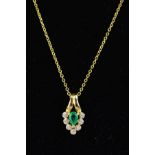 A MODERN EMERALD AND DIAMOND TEARDROP PENDANT, together with a fine rope chain measuring