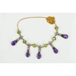 AN AMETHYST, PERIDOT, DIAMOND AND SEED PEARL NECKLACE, designed as five slightly tapered and