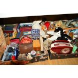 SIX BOXES AND LOOSE SUNDRY ITEMS, to include modern soft toys, Enfield mantle clock, books, cd's,