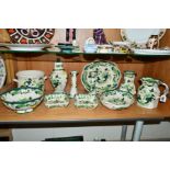 ELEVEN PIECES OF MASONS 'CHARTREUSE', to include jugs, candlesticks, dishes, jardiniere, covered