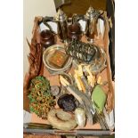 A BOX OF SUNDRY ITEMS, to include plated bottle coasters, muffin dish, coffee pot, hot water jug,