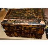 A 19TH CENTURY BLACK LACQUERED BOX, decorated with oriental figures in landscapes, distressed,