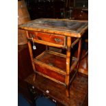 A DISTRESSED VICTORIAN BAMBOO SIDE TABLE, with parquetry multi specimen wood detail, single drawer