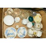 A BOX OF CERAMICS AND GLASSWARES, to include Denby, Coalport 'Revelry', etc