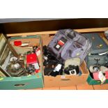THREE BOXES OF SUNDRIES, to include cameras (Kodak Brownie, Polaroid (instant) etc), TomToms, '