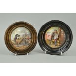 TWO STAFFORDSHIRE PRATTWARE POT LIDS, 'The Times' and 'War', both in wooden mounts (2)