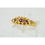 AN EARLY 20TH CENTURY 18CT GOLD RUBY AND DIAMOND FIVE SGTONE RING, ring size M 1/2, hallmarked