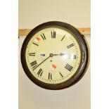 A LATE 19TH CENTURY MAHOGANY CIRCULAR WALL CLOCK, single fusee movement, 30.5cm diameter convex