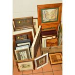 TWO BOXES OF PICTURES AND PRINTS ETC, to include two oil paintings by Ron Norris, landscape
