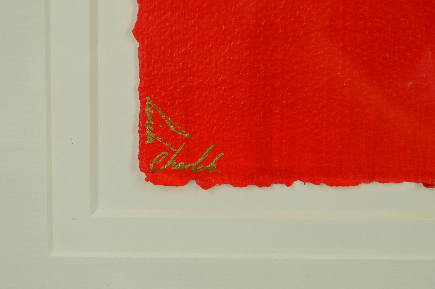 LINDA CHARLES (BRITISH CONTEMPORARY), ABSTRACT REDS AND GOLD, signed bottom left, mixed media on - Image 3 of 5