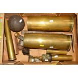 A LARGE BOX CONTAINING VARIOUS ITEMS OF MILITARY ORDENANCE, as follows, two large shell cases,