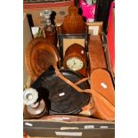 A BOX OF TREEN, to include candlesticks, candle box, oak cased clock with fruitwood inlays and Swiss