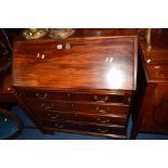 A GEORGIAN MAHOGANY FALL FRONT BUREAU, revealing a fitted interior above four drawers, width 84cm