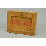 A WWII ERA WALL MOUNTED WOODEN FIRST AID BOX, containing various dressing etc, packs and boxes