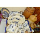 TWO BOXES AND LOOSE OF STONEWARE FLAGONS/BARRELS, BLUE AND WHITE PART DINNERWARES, etc, to include