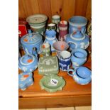 A PARCEL OF WEDGWOOD JASPERWARES, etc, to include teapots, vases and trinket dishes, etc (17