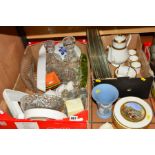 TWO BOXES AND LOOSE CERAMICS, GLASS ETC, to include Halycon Days London china coffee wares, Coalport