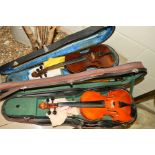 TWO CASED VIOLINS, one with paper label 'Excelsior Imported by Boosey & Hawkes, London', two piece