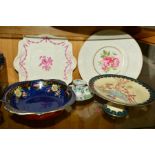 FIVE CERAMIC ITEMS, to include porcelain chamberstick, Dragon scene, a Grimwades lustre bowl (rubbed
