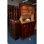 A VICTORIAN MAHOGANY TWO DOOR CABINET, with two drawers (key), an Edwardian open bookcase and a