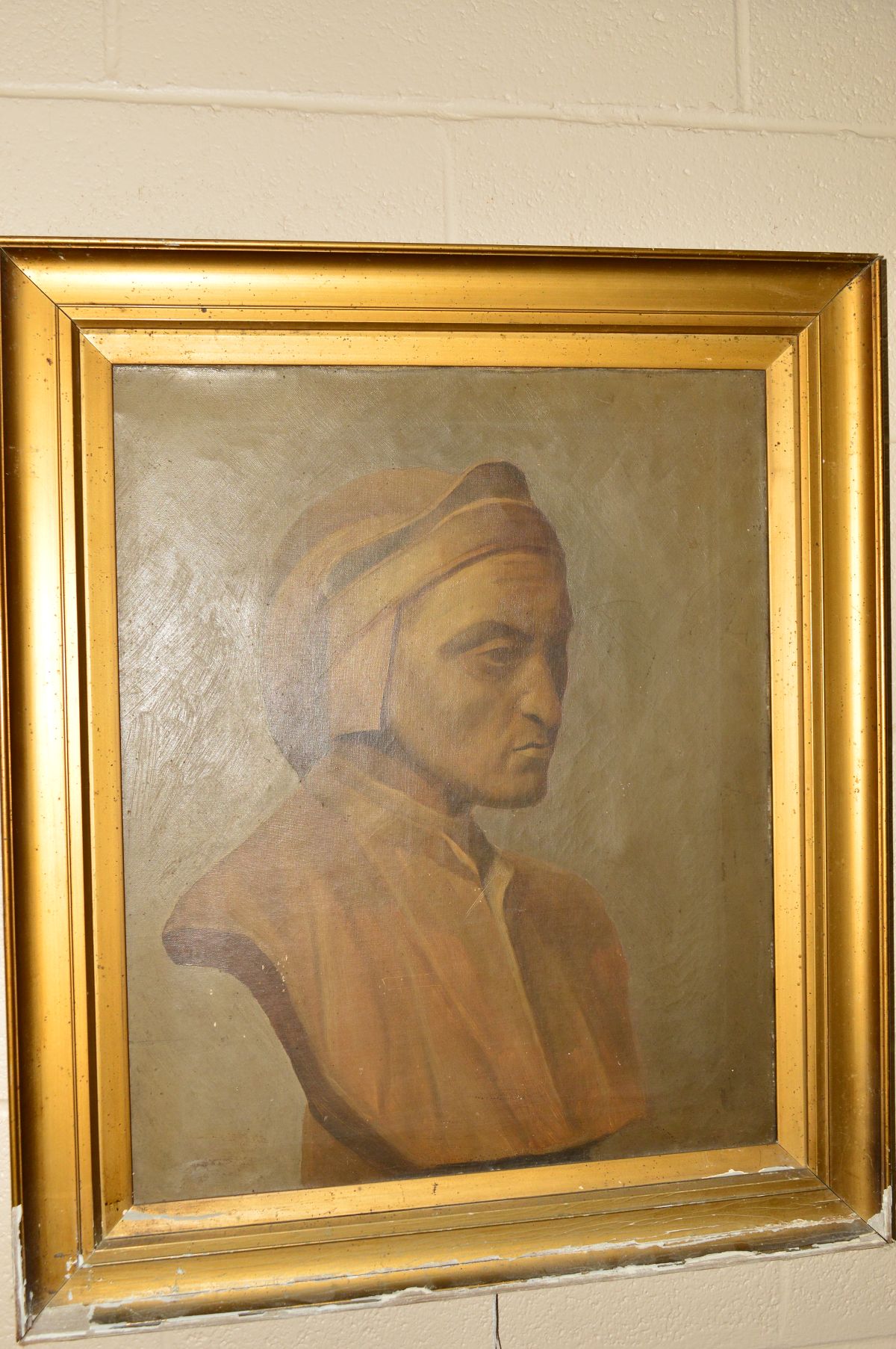 A HEAD AND SHOULDERS STUDY OF A BRONZED SCULPTURE, unsigned, oil on canvas, framed, approximate size