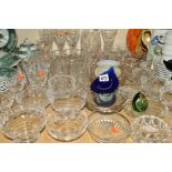A PARCEL OF CUT GLASS, to include drinking glasses, bowls, water jug and table salts, etc