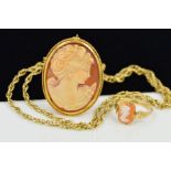 A CAMEO BROOCH, RING AND A CHAIN NECKLACE, the brooch of oval outline carved to depicting a lady