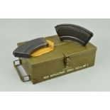 A GREEN BRITISH ISSUE WWII ERA LARGE METAL CASE, marked box Magazines, Bren . 303 in, MKI by FGK &