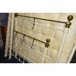 A MODERN VICTORIAN STYLE STEEL AND BRASS 4'6'' BED FRAME, with irons