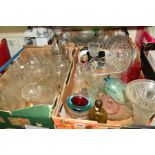 THREE BOXES AND LOOSE ASSORTED GLASSWARES, etc, to include Pall Mall style drinking glasses,